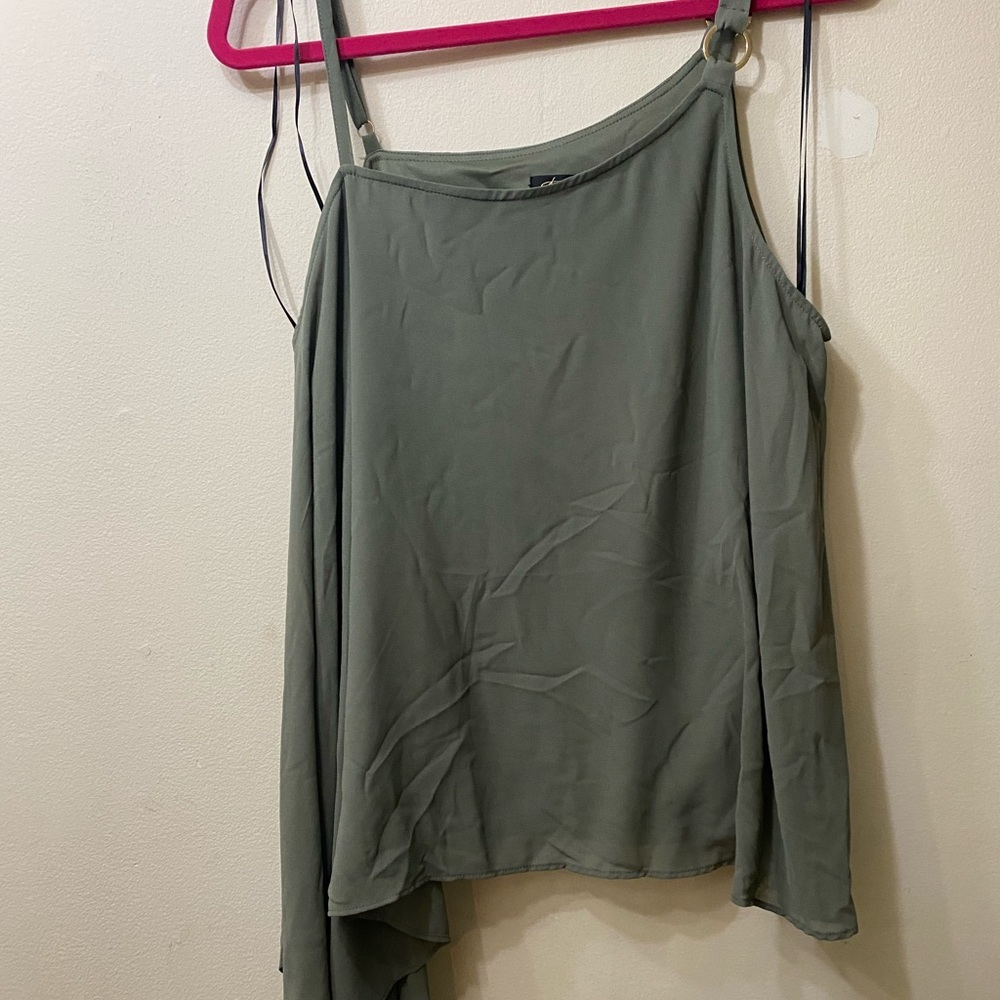 Army green, flowy tank with decorative straps